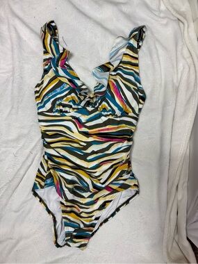 DKNY Multicolor Zebra Striped One Piece Swimsuit - Teal, Yellow, Pink, Black
